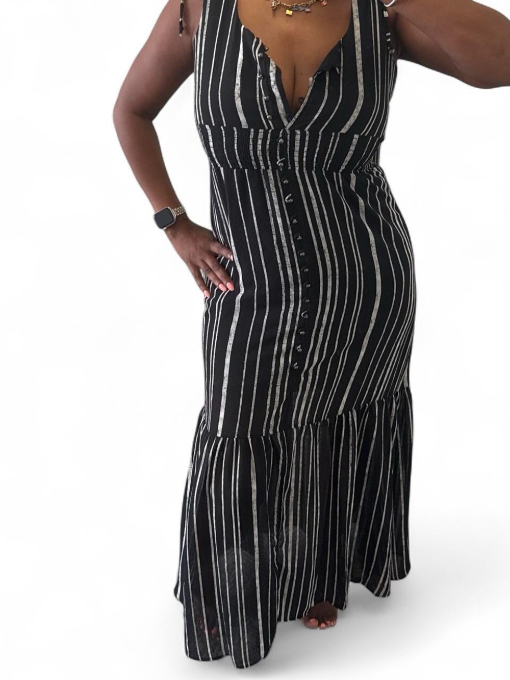 Xhilaration Black and White Striped Button-Front Maxi Dress
